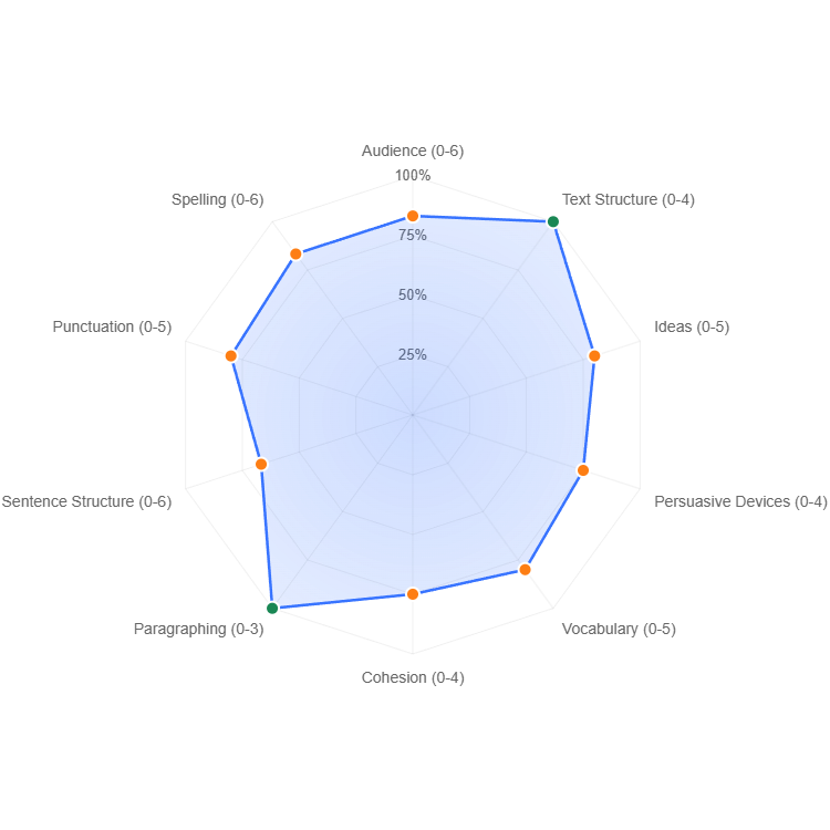 Radar chart showing score overview across all criteria